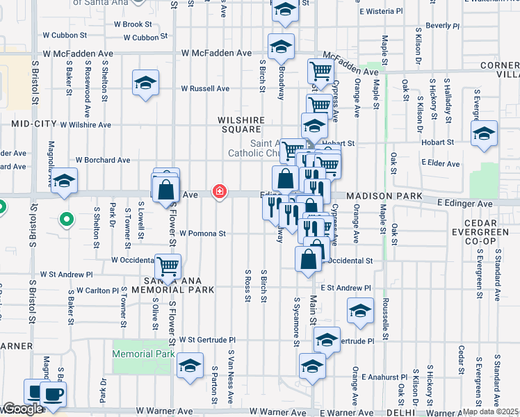 map of restaurants, bars, coffee shops, grocery stores, and more near 1601 South Ross Street in Santa Ana