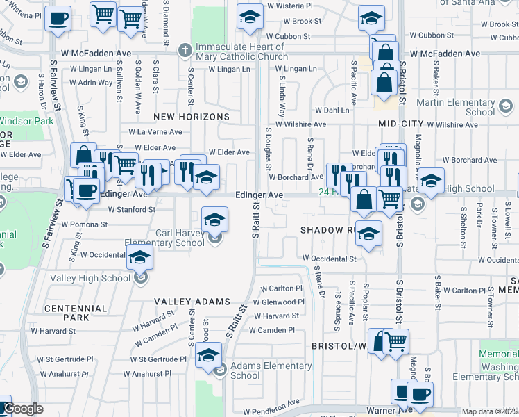 map of restaurants, bars, coffee shops, grocery stores, and more near 1531 South Raitt Street in Santa Ana