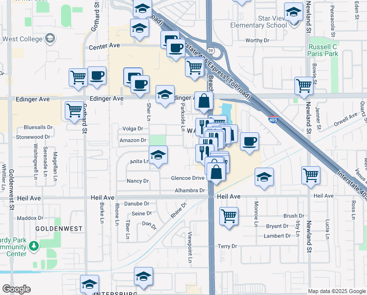 map of restaurants, bars, coffee shops, grocery stores, and more near 7802 Holt Drive in Huntington Beach