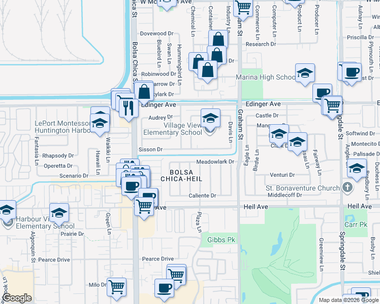map of restaurants, bars, coffee shops, grocery stores, and more near 5261 Meadowlark Drive in Huntington Beach