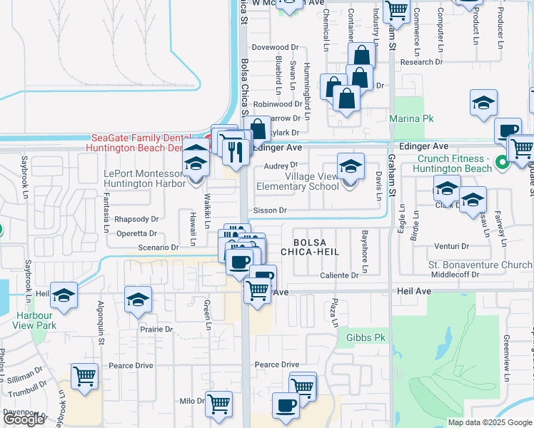map of restaurants, bars, coffee shops, grocery stores, and more near 5112 Sisson Drive in Huntington Beach