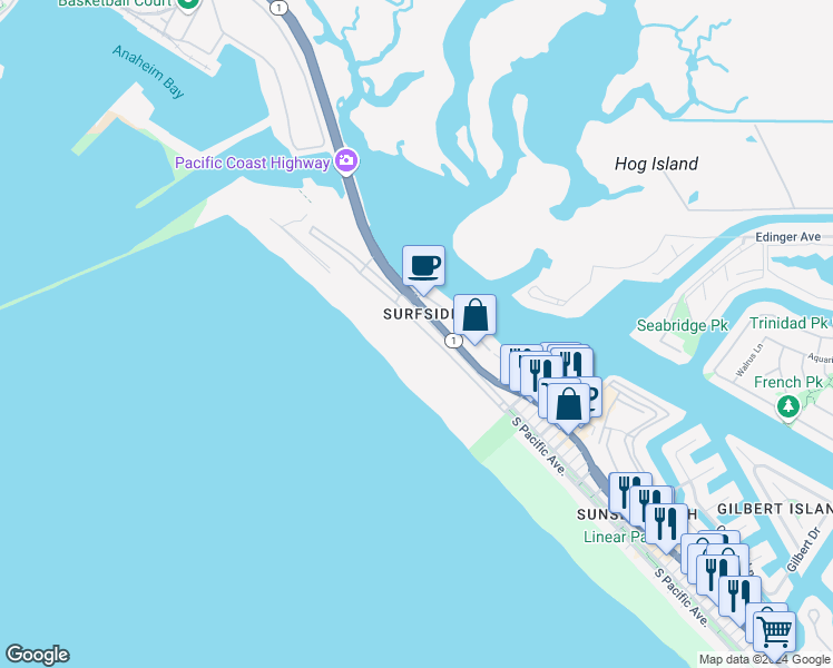 map of restaurants, bars, coffee shops, grocery stores, and more near 44A Surfside Avenue in Huntington Beach