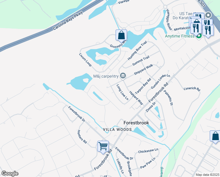 map of restaurants, bars, coffee shops, grocery stores, and more near 5785 Tarpon Bay Road in Myrtle Beach
