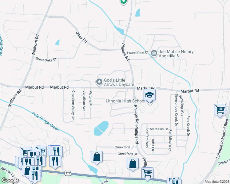 map of restaurants, bars, coffee shops, grocery stores, and more near 6137 Marbut Farms Chase in Lithonia