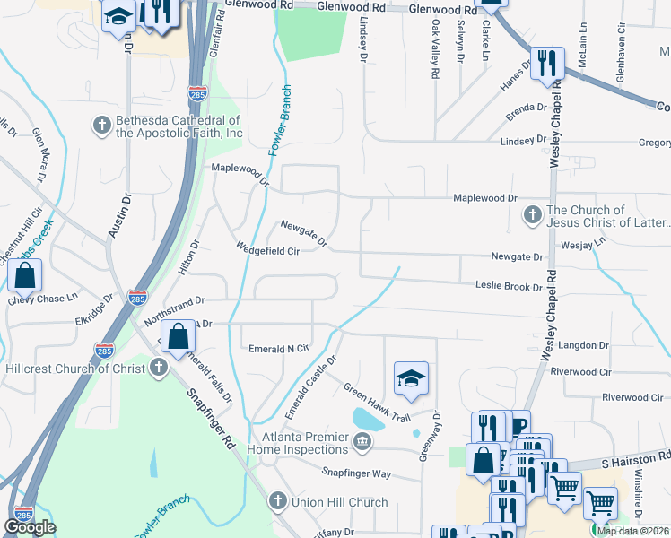 map of restaurants, bars, coffee shops, grocery stores, and more near 4126 Northstrand Drive in Decatur