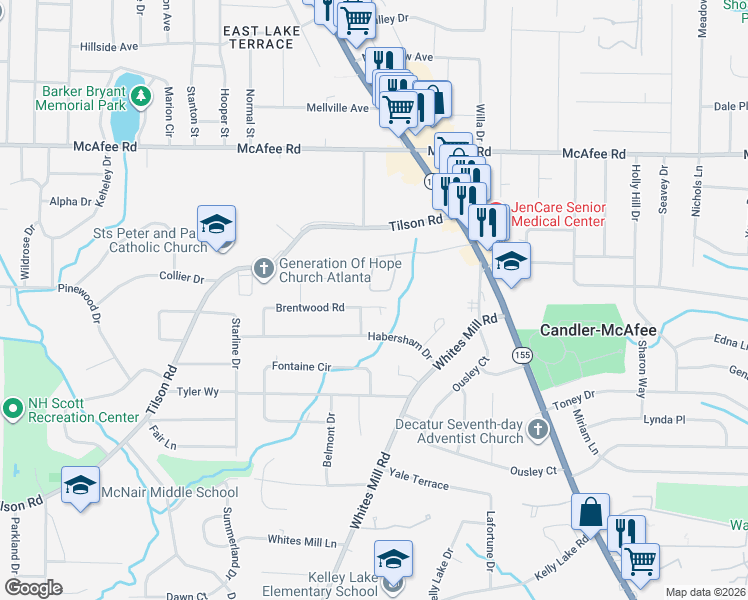 map of restaurants, bars, coffee shops, grocery stores, and more near 2190 Knoll Drive in Decatur