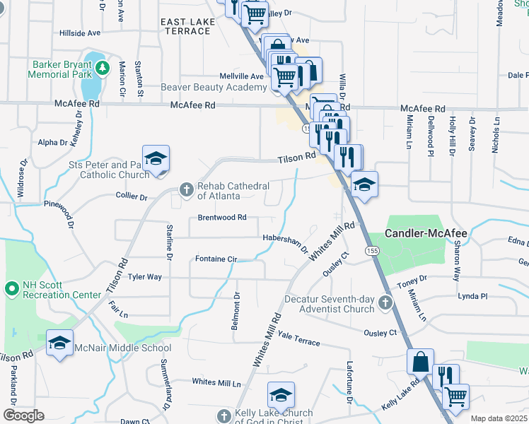 map of restaurants, bars, coffee shops, grocery stores, and more near 2564 Brentwood Road in Decatur