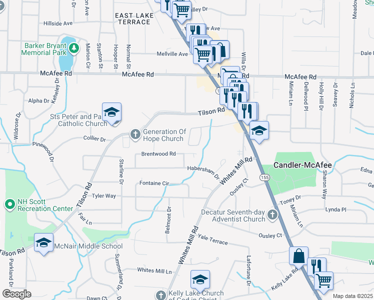 map of restaurants, bars, coffee shops, grocery stores, and more near 2190 Knoll Drive in Decatur