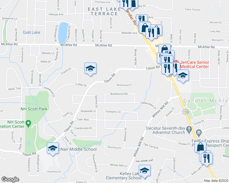 map of restaurants, bars, coffee shops, grocery stores, and more near 2490 Brentwood Road in Decatur