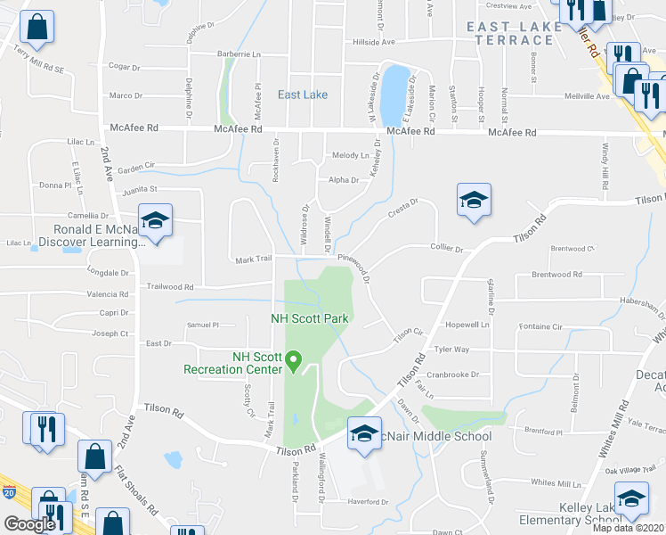 map of restaurants, bars, coffee shops, grocery stores, and more near 2239 Pinewood Drive in Decatur