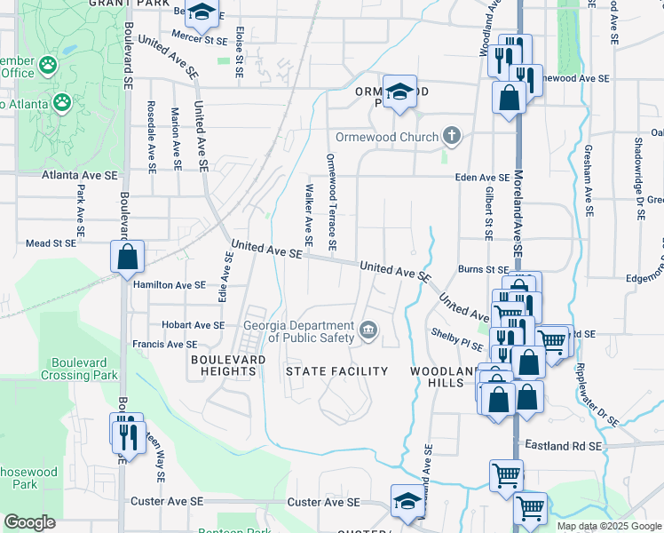 map of restaurants, bars, coffee shops, grocery stores, and more near 913 United Avenue Southeast in Atlanta