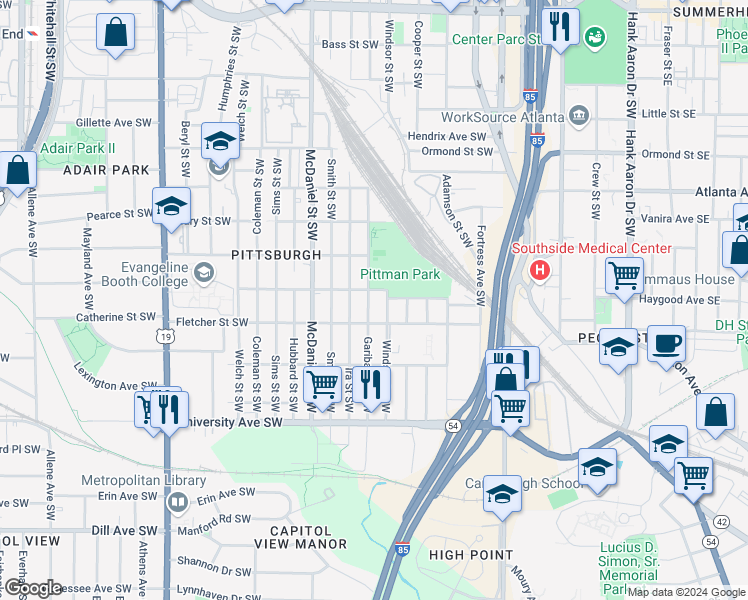 map of restaurants, bars, coffee shops, grocery stores, and more near 1054 Garibaldi Street Southwest in Atlanta