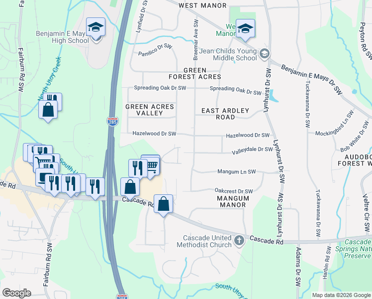 map of restaurants, bars, coffee shops, grocery stores, and more near 1188 Arbor Park Lane Southwest in Atlanta
