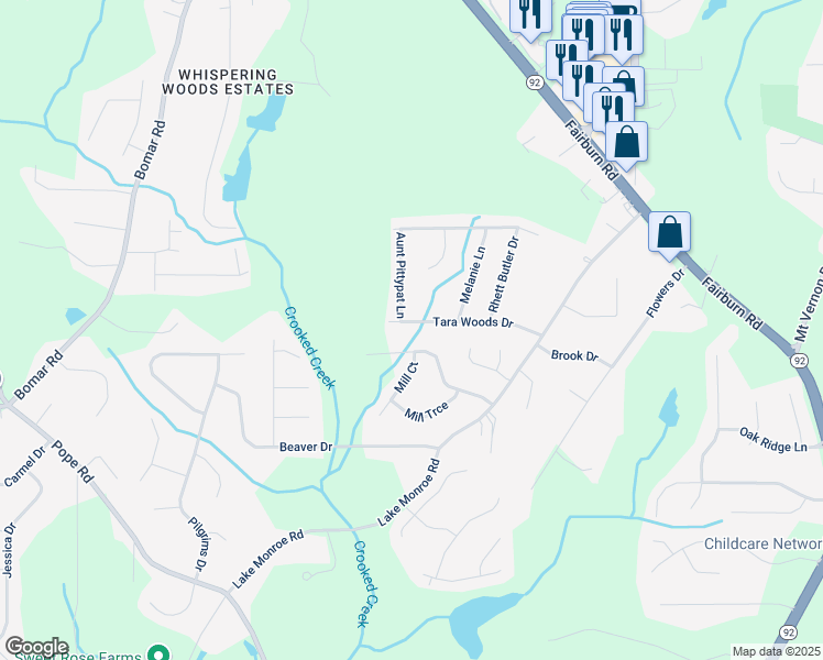 map of restaurants, bars, coffee shops, grocery stores, and more near 3049 Tara Woods Drive in Douglasville
