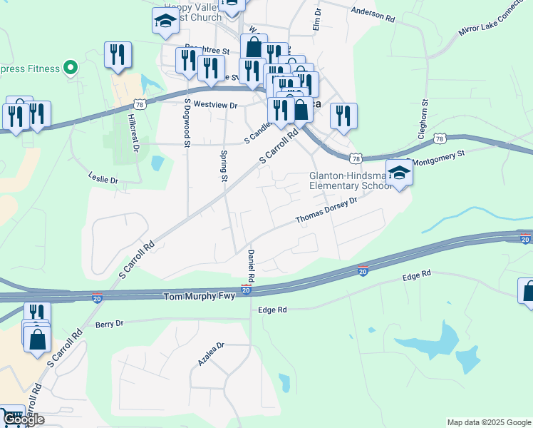 map of restaurants, bars, coffee shops, grocery stores, and more near 351 Thomas Dorsey Drive in Villa Rica