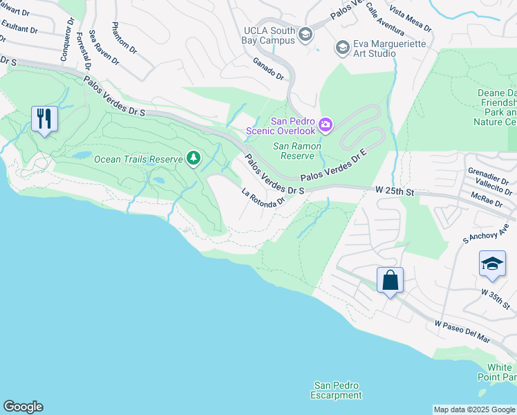 map of restaurants, bars, coffee shops, grocery stores, and more near 32007 Isthmus View Drive in Rancho Palos Verdes