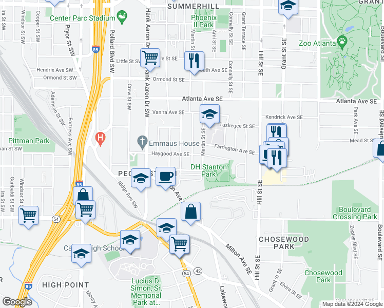 map of restaurants, bars, coffee shops, grocery stores, and more near 106 Haygood Avenue Southeast in Atlanta
