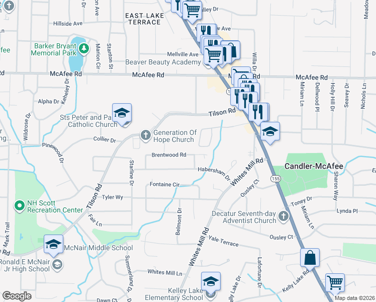 map of restaurants, bars, coffee shops, grocery stores, and more near 2544 Brentwood Road in Decatur