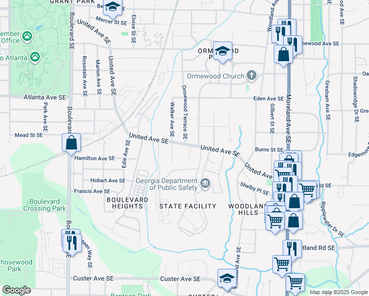 map of restaurants, bars, coffee shops, grocery stores, and more near 913 United Avenue Southeast in Atlanta