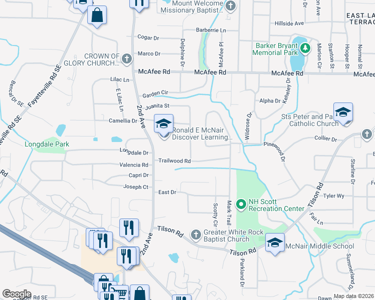 map of restaurants, bars, coffee shops, grocery stores, and more near 2192 Juanita Street in Decatur