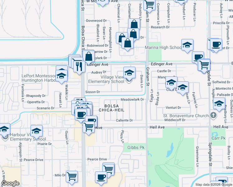 map of restaurants, bars, coffee shops, grocery stores, and more near 5261 Meadowlark Drive in Huntington Beach