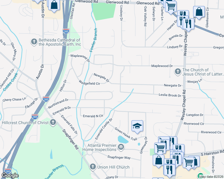 map of restaurants, bars, coffee shops, grocery stores, and more near 4126 Northstrand Drive in Decatur
