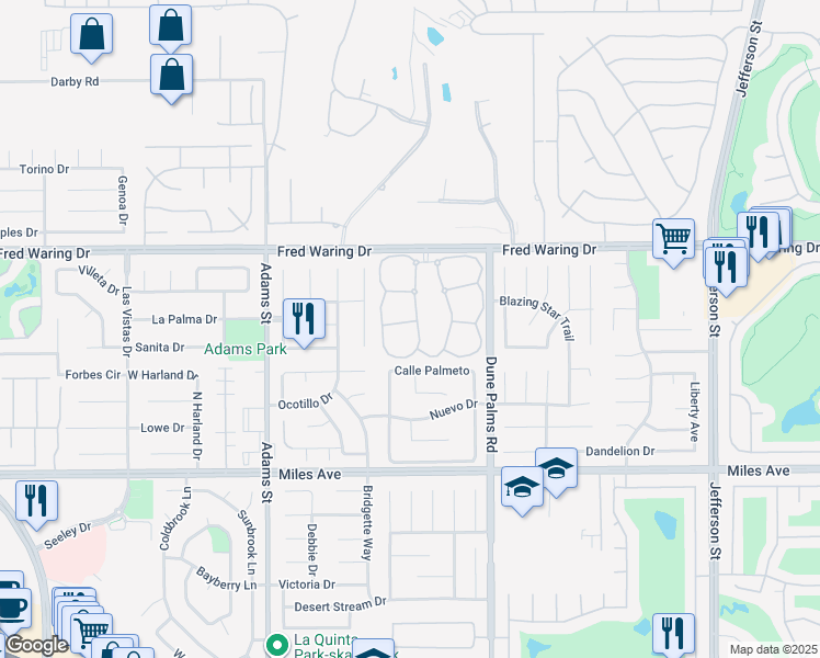 map of restaurants, bars, coffee shops, grocery stores, and more near 44436 West Sundown Crest Drive in La Quinta