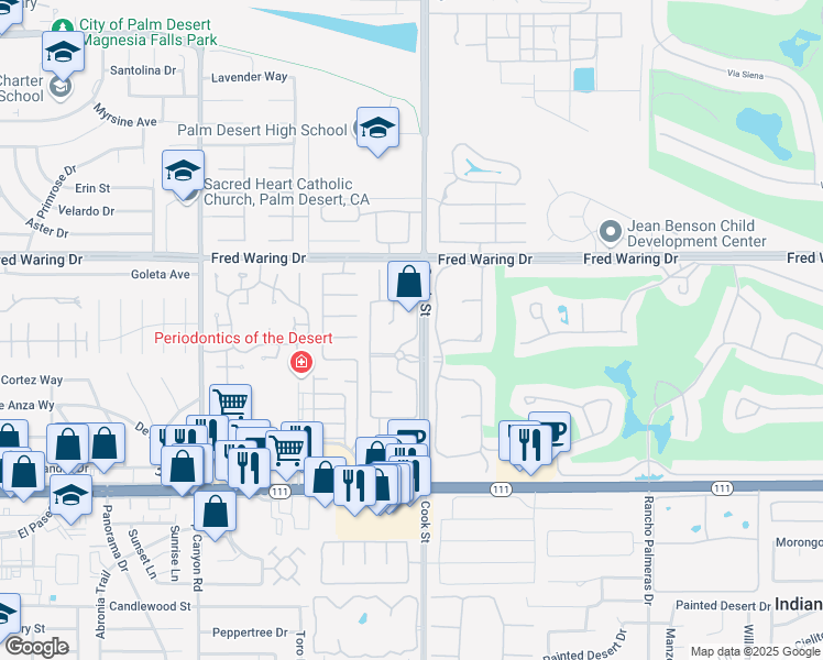 map of restaurants, bars, coffee shops, grocery stores, and more near 44115 Tahoe Circle in Indian Wells