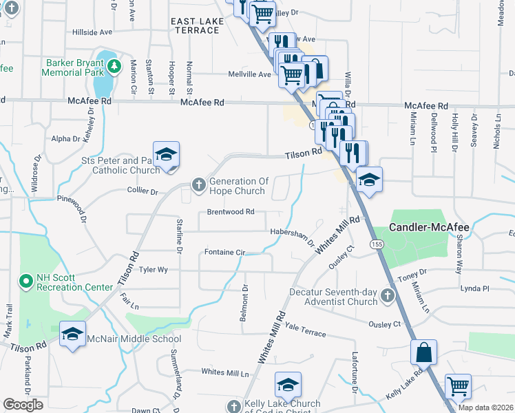 map of restaurants, bars, coffee shops, grocery stores, and more near 2537 Brentwood Road in Decatur