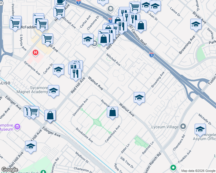 map of restaurants, bars, coffee shops, grocery stores, and more near 14461 Silverbrook Drive in Tustin