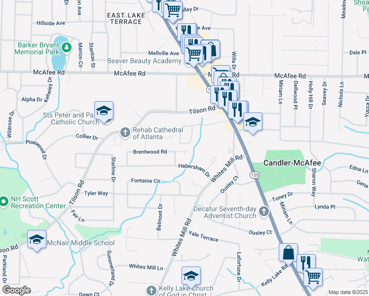 map of restaurants, bars, coffee shops, grocery stores, and more near 2576 Brentwood Road in Decatur