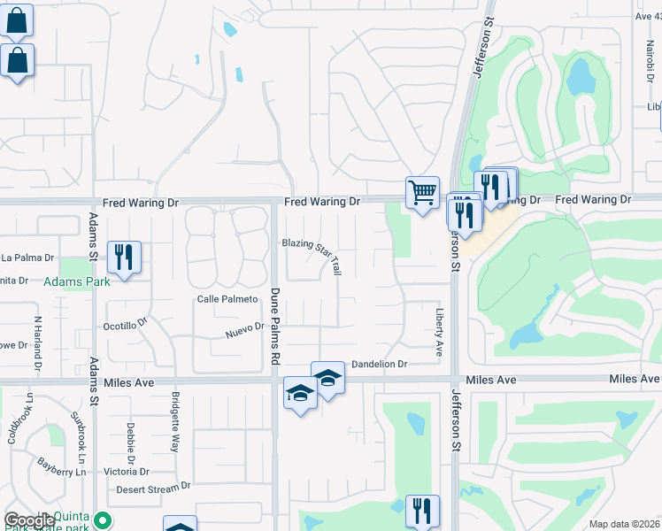 map of restaurants, bars, coffee shops, grocery stores, and more near 44340 Buttercup Lane in La Quinta