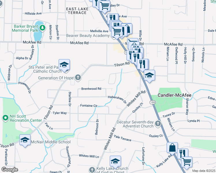 map of restaurants, bars, coffee shops, grocery stores, and more near 2564 Brentwood Road in Decatur