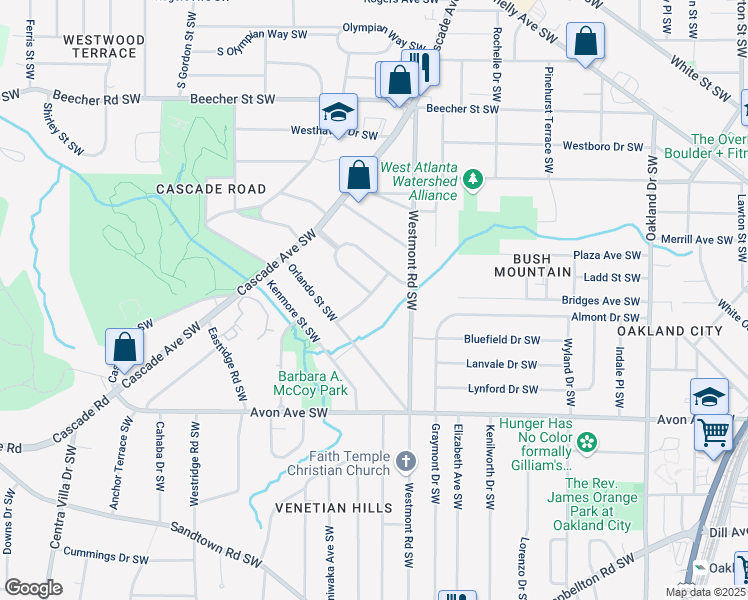 map of restaurants, bars, coffee shops, grocery stores, and more near 1042 Orlando Place Southwest in Atlanta