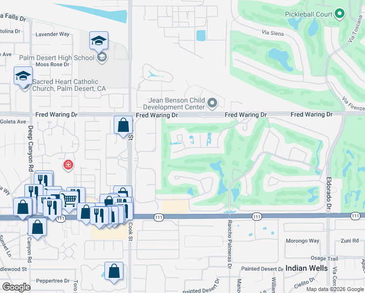 map of restaurants, bars, coffee shops, grocery stores, and more near 75313 14th Green Drive in Indian Wells