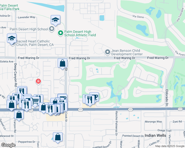map of restaurants, bars, coffee shops, grocery stores, and more near 75330 14th Green Drive in Indian Wells