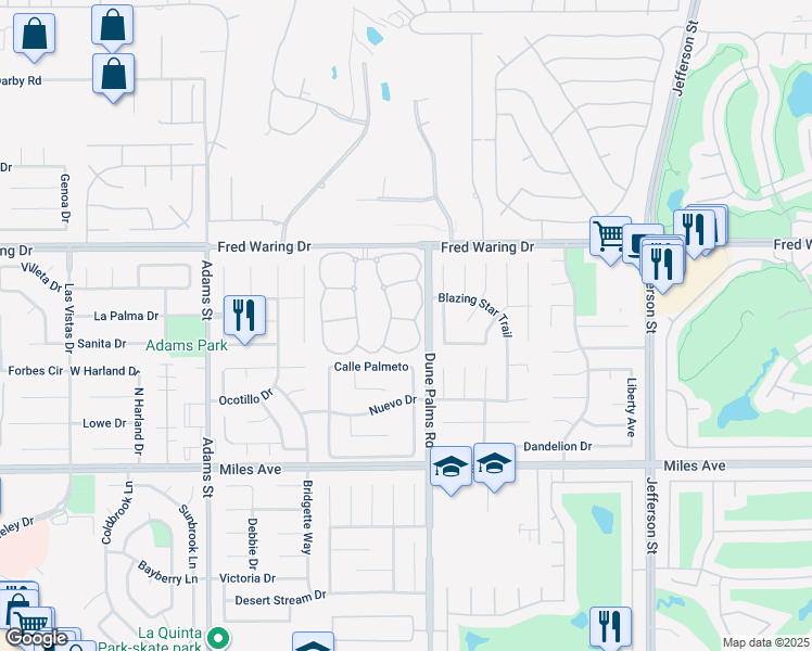 map of restaurants, bars, coffee shops, grocery stores, and more near 79457 South Sunrise Ridge Drive in La Quinta
