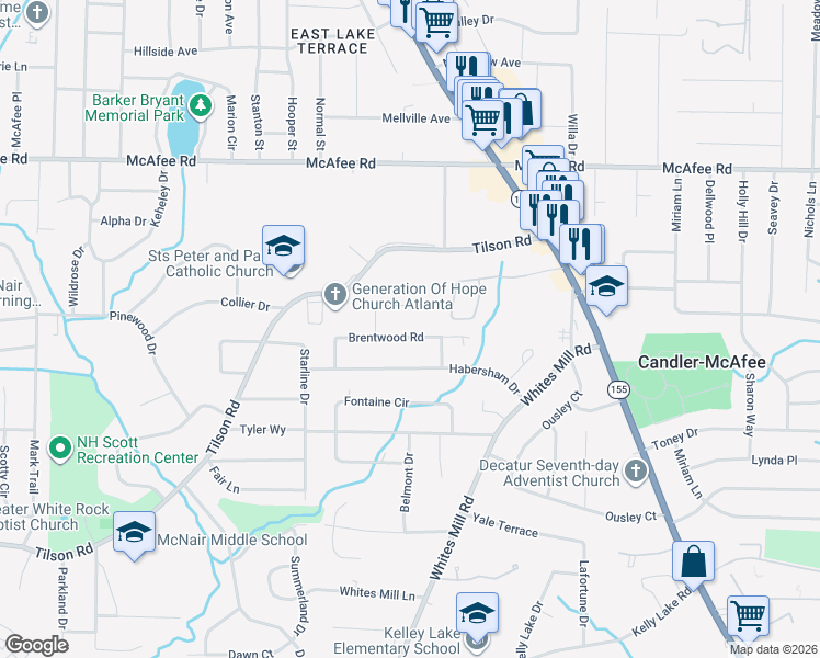 map of restaurants, bars, coffee shops, grocery stores, and more near 2526 Brentwood Road in Decatur