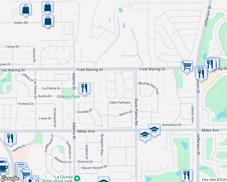 map of restaurants, bars, coffee shops, grocery stores, and more near 79307 South Sunset Ridge Drive in La Quinta