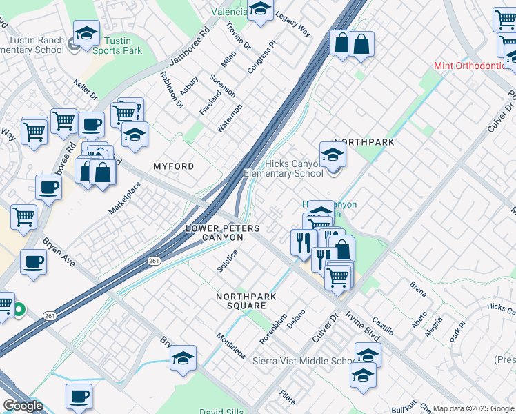 map of restaurants, bars, coffee shops, grocery stores, and more near 209 Estancia in Irvine