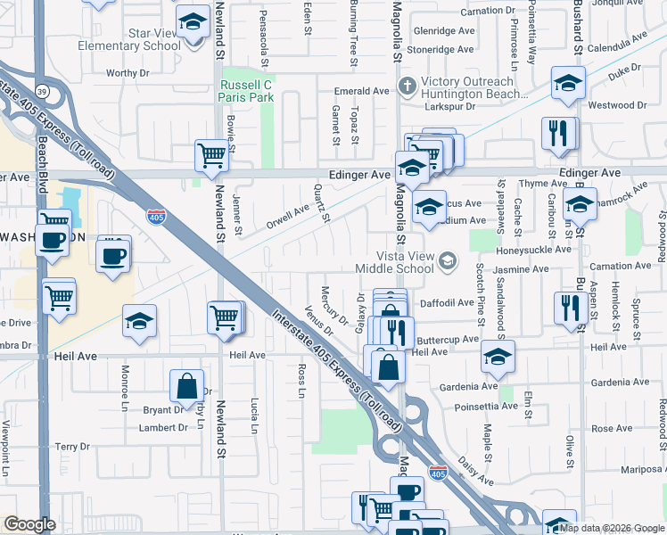 map of restaurants, bars, coffee shops, grocery stores, and more near 8810 Universe Avenue in Westminster