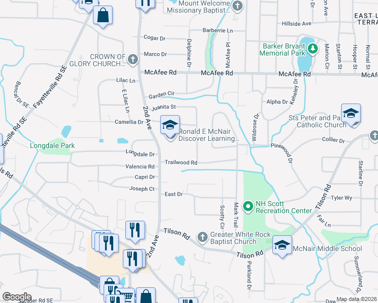 map of restaurants, bars, coffee shops, grocery stores, and more near 2183 Trailwood Road in Decatur