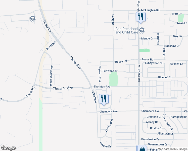 map of restaurants, bars, coffee shops, grocery stores, and more near 25568 Cedar River Court in Menifee
