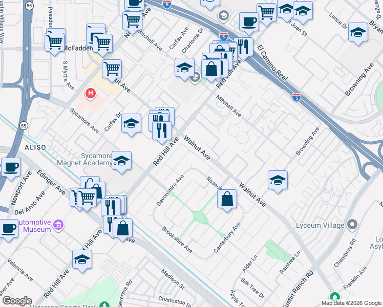 map of restaurants, bars, coffee shops, grocery stores, and more near 14572 Emerywood Road in Tustin