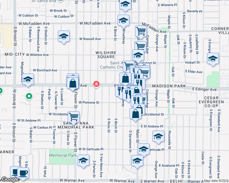 map of restaurants, bars, coffee shops, grocery stores, and more near 1601 South Ross Street in Santa Ana