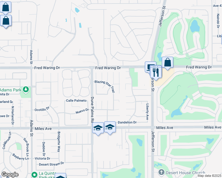 map of restaurants, bars, coffee shops, grocery stores, and more near 44340 Buttercup Lane in La Quinta