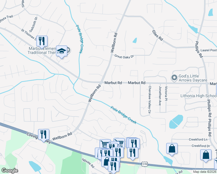 map of restaurants, bars, coffee shops, grocery stores, and more near 2148 Sara Ashley Way in Lithonia
