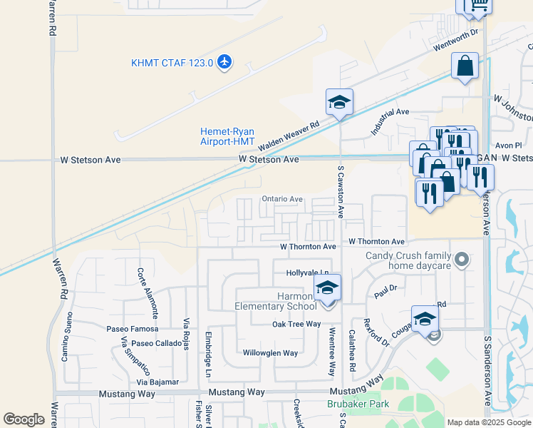 map of restaurants, bars, coffee shops, grocery stores, and more near 1295 South Cawston Avenue in Hemet