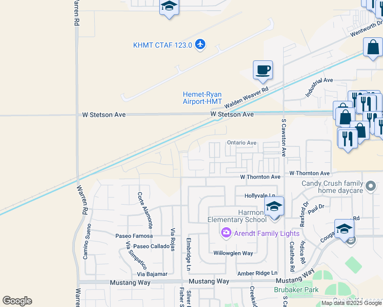 map of restaurants, bars, coffee shops, grocery stores, and more near 1232 Kingfisher Street in Hemet