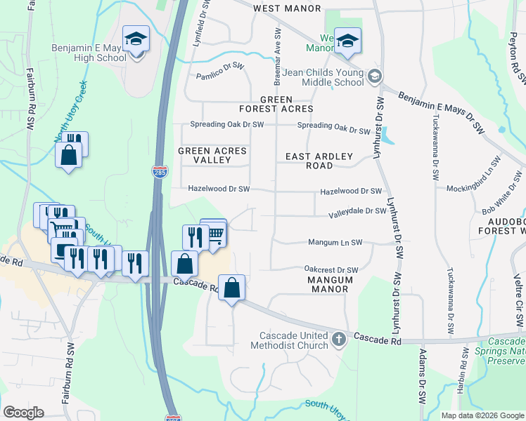 map of restaurants, bars, coffee shops, grocery stores, and more near 1188 Arbor Park Lane Southwest in Atlanta